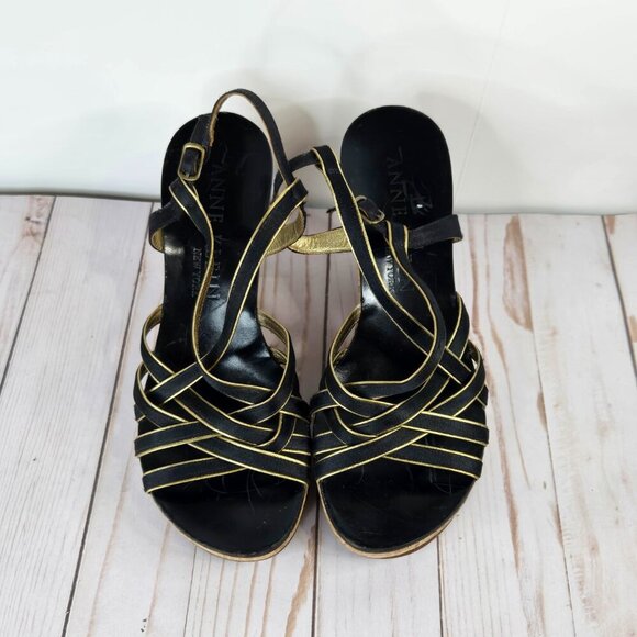 Anne Klein Wedge Sandals Gold & Black Straps Size 8.5 Pre-Owned Great Condition - Picture 2 of 11